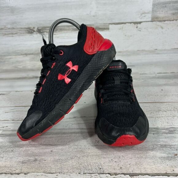 Under Armour Women's Lace Up Mesh Charged Rogue Running Shoes Black Red Size 4Y - Picture 5 of 8
